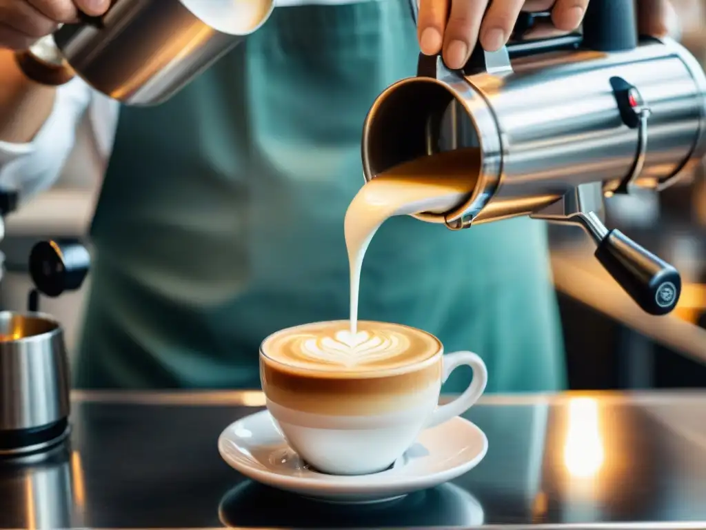 Un barista experto vierte leche vaporizada en un espresso, creando una obra de arte en un delicioso café con leche