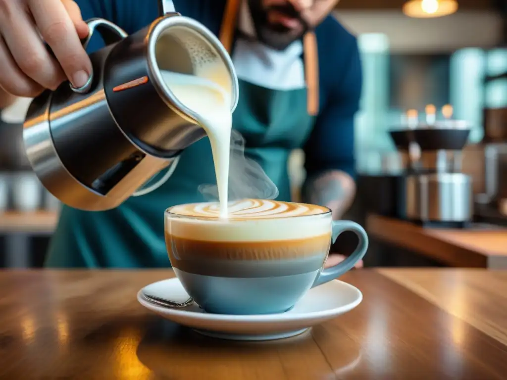 Un barista experto vierte leche vaporizada en un espresso, creando una danza hipnotizante en una taza de vidrio