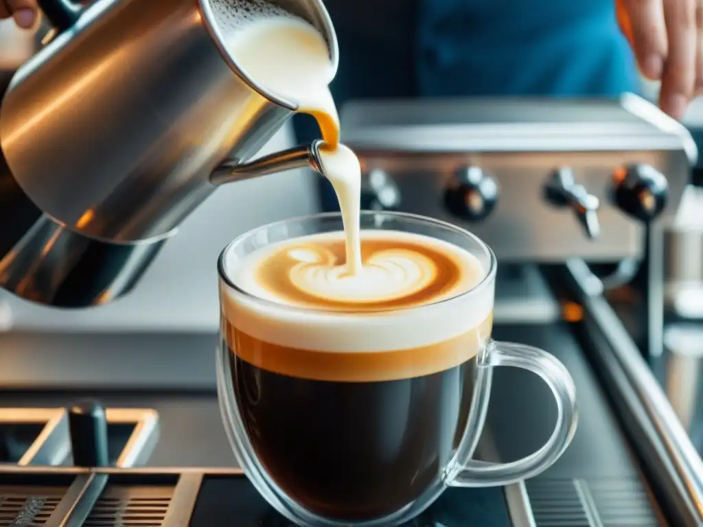 Un barista experto vierte leche vaporizada en un espresso, creando un remolino de colores