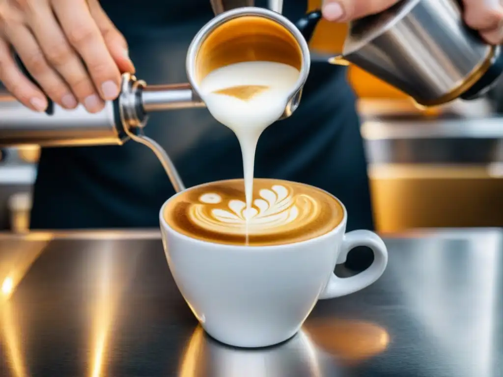 Un barista experto vierte leche vaporizada en un espresso, mostrando la fusión de tradición e innovación en la cultura italiana del espresso