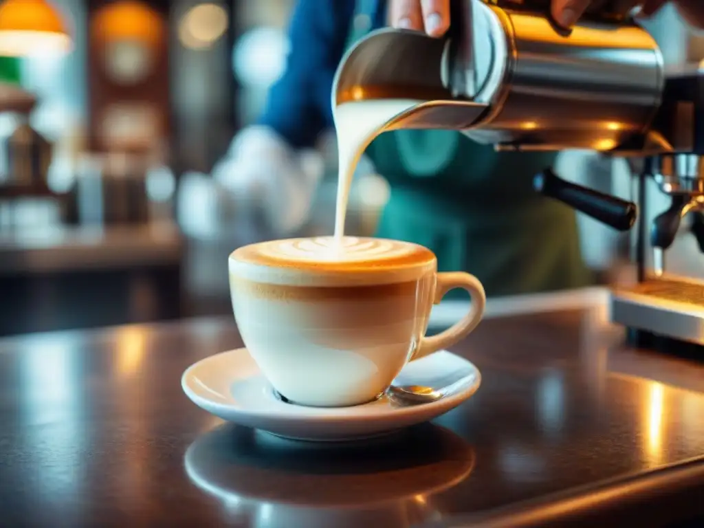 Un barista experto vertiendo leche vaporizada en un espresso para crear un cappuccino perfecto, en un café tradicional italiano