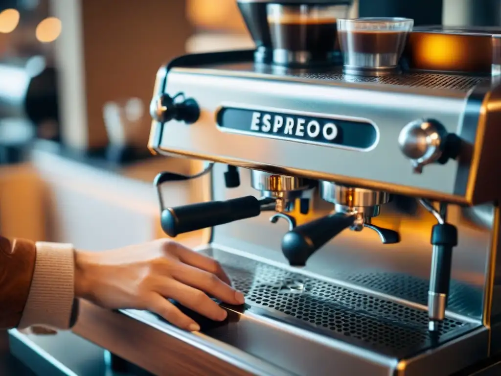 Un barista experto limpia con meticulosidad una elegante máquina de espresso en un acogedor café artesanal