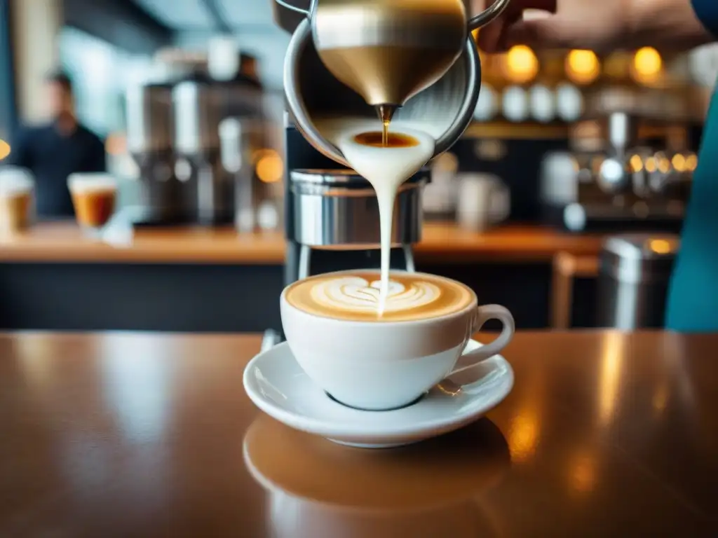 Un barista experto crea una obra de arte con leche vaporizada en un café italiano, celebrando el arte del café