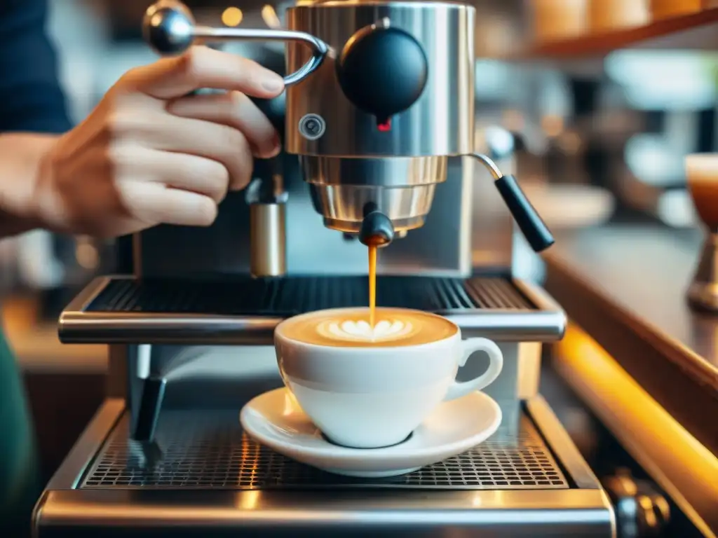 Un barista experto prepara con precisión un espresso perfecto en una cafetería italiana, destacando el vapor, la crema y la ambientación acogedora