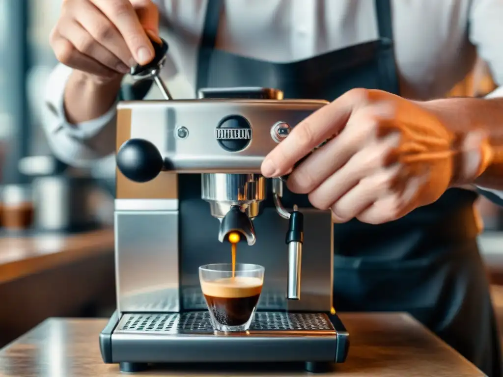 Un barista experto tuesta y prensa granos de café para preparar un espresso italiano