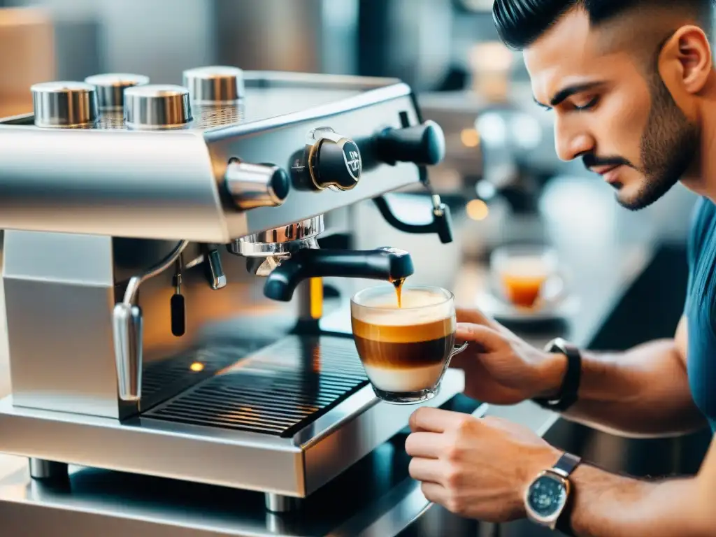 Un barista experto en técnicas tradicionales del espresso italiano crea una taza perfecta