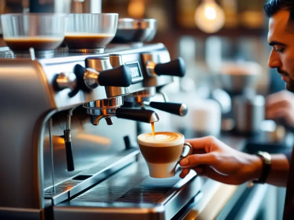 Un barista experto fusiona lo tradicional con lo moderno en una cafetería italiana, mostrando la transformación tecnológica en cafés