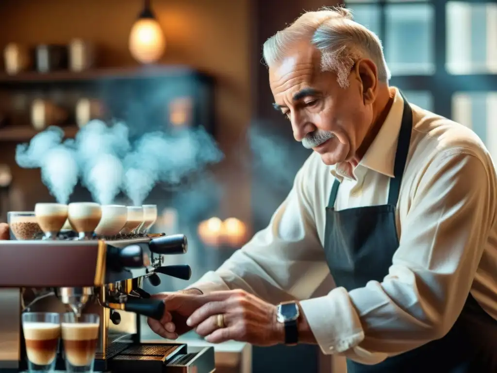 Un barista italiano anciano preparando un cappuccino tradicional con destreza, rodeado de vapor de máquina de espresso