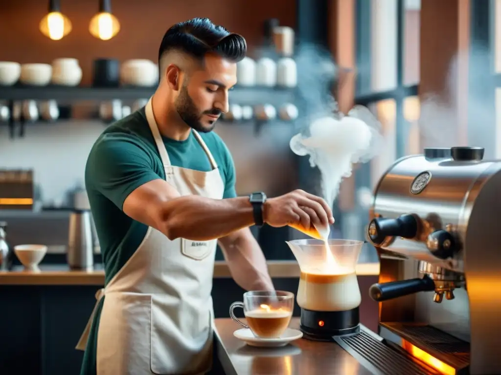 Barista italiano creando cappuccino en café romano animado, tradición centenaria