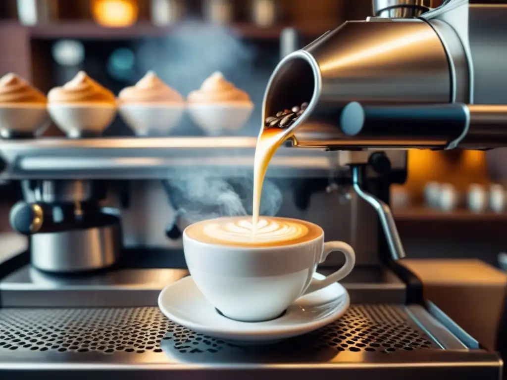 Un barista italiano preparando cappuccino y espresso en una acogedora cafetería con granos de café recién tostados