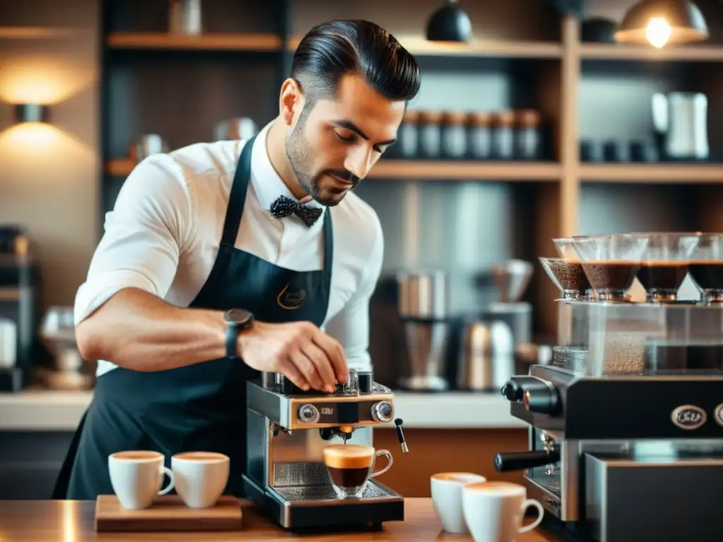 Un barista italiano prepara con destreza un espresso en una animada cafetería vintage