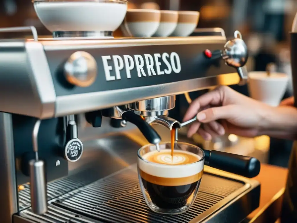 Barista italiano preparando espresso con pasión en café bullicioso