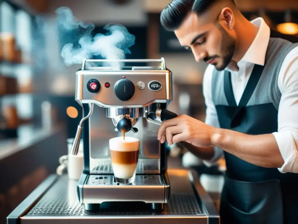 Un barista italiano preparando un espresso tradicional con destreza en una cafetera de cromo