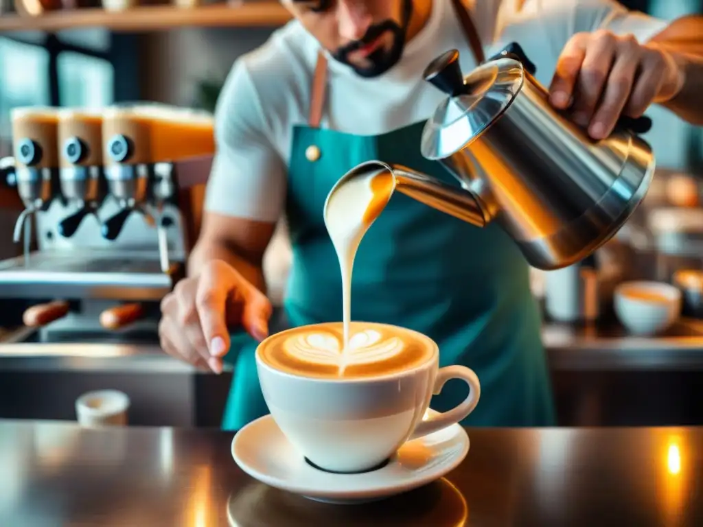 Un barista italiano experto crea arte latte en una cafetería romana, mostrando la esencia del café italiano