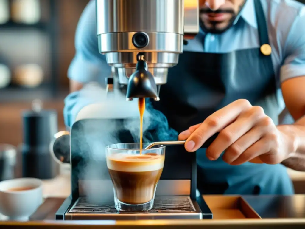 Un barista italiano experto prepara un espresso perfecto con destreza, mostrando la tradición y arte detrás de esta bebida amada