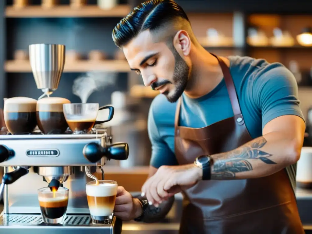 Un barista italiano experto preparando un espresso, capturando la esencia del café italiano en un ambiente de cafetería bulliciosa