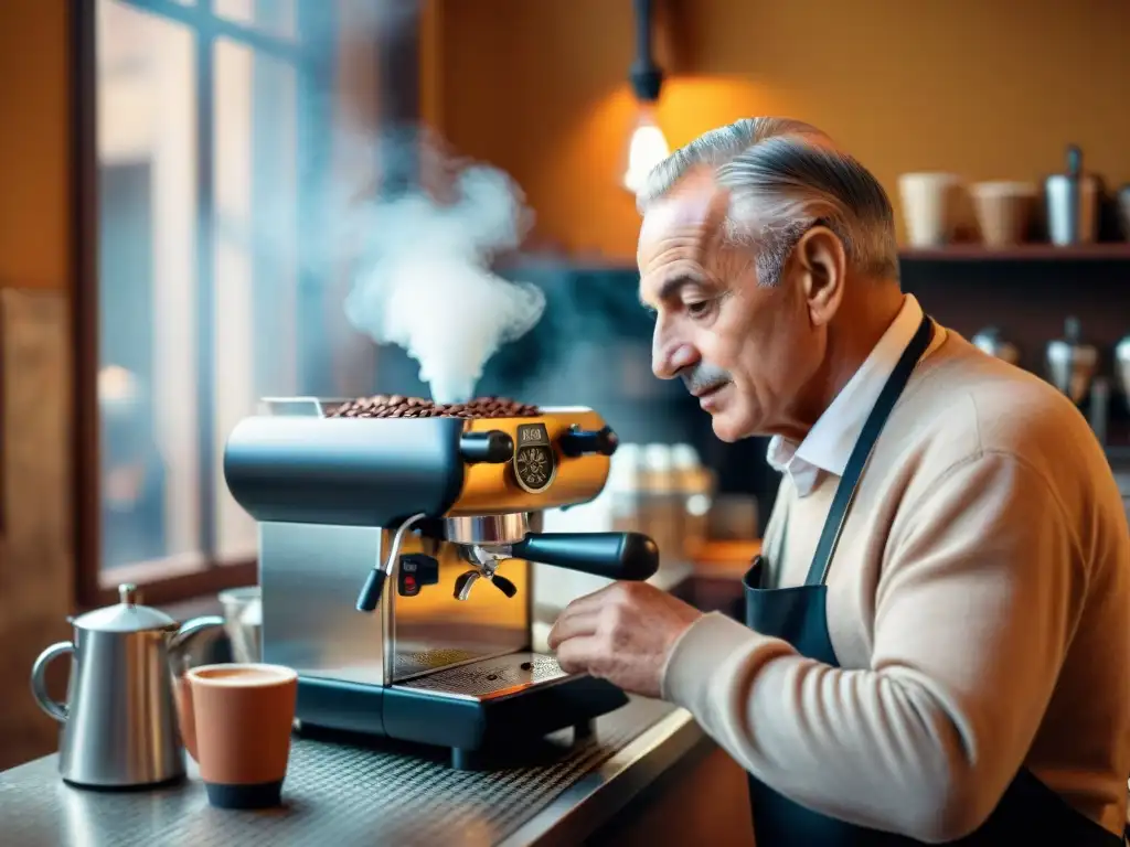 Un barista italiano experto preparando un espresso en un café tradicional de Roma, rodeado de utensilios vintage y granos de café recién tostados