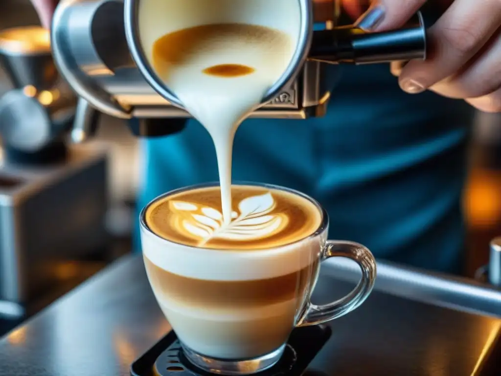 Un barista italiano experto vierte leche en un espresso, creando arte latte de una flor, capturando la esencia de la cultura cafetera italiana