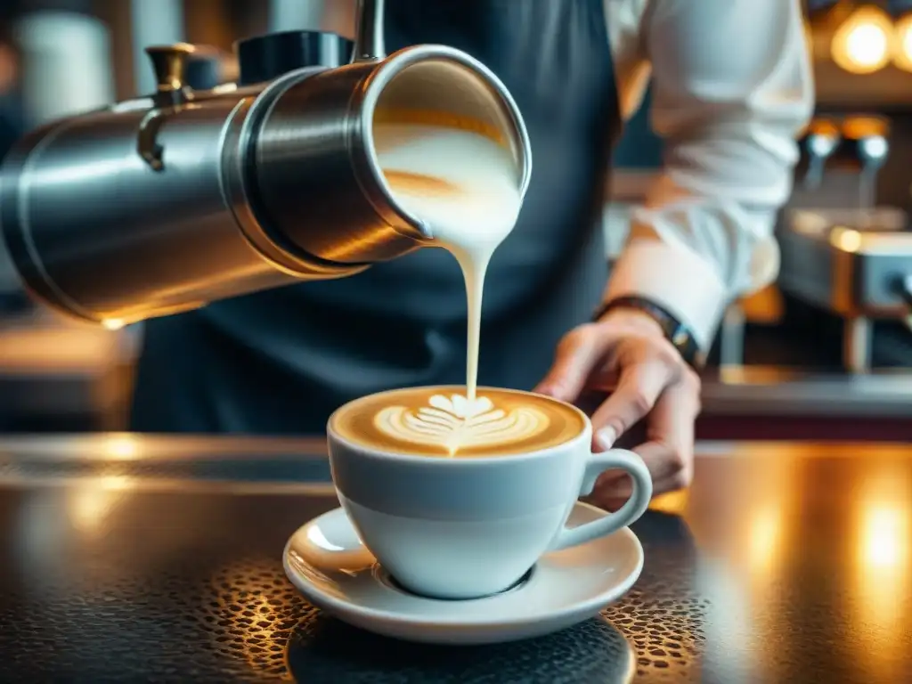 Un barista italiano experto preparando un macchiato en una taza de cerámica clásica, destacando la historia del café en Italia