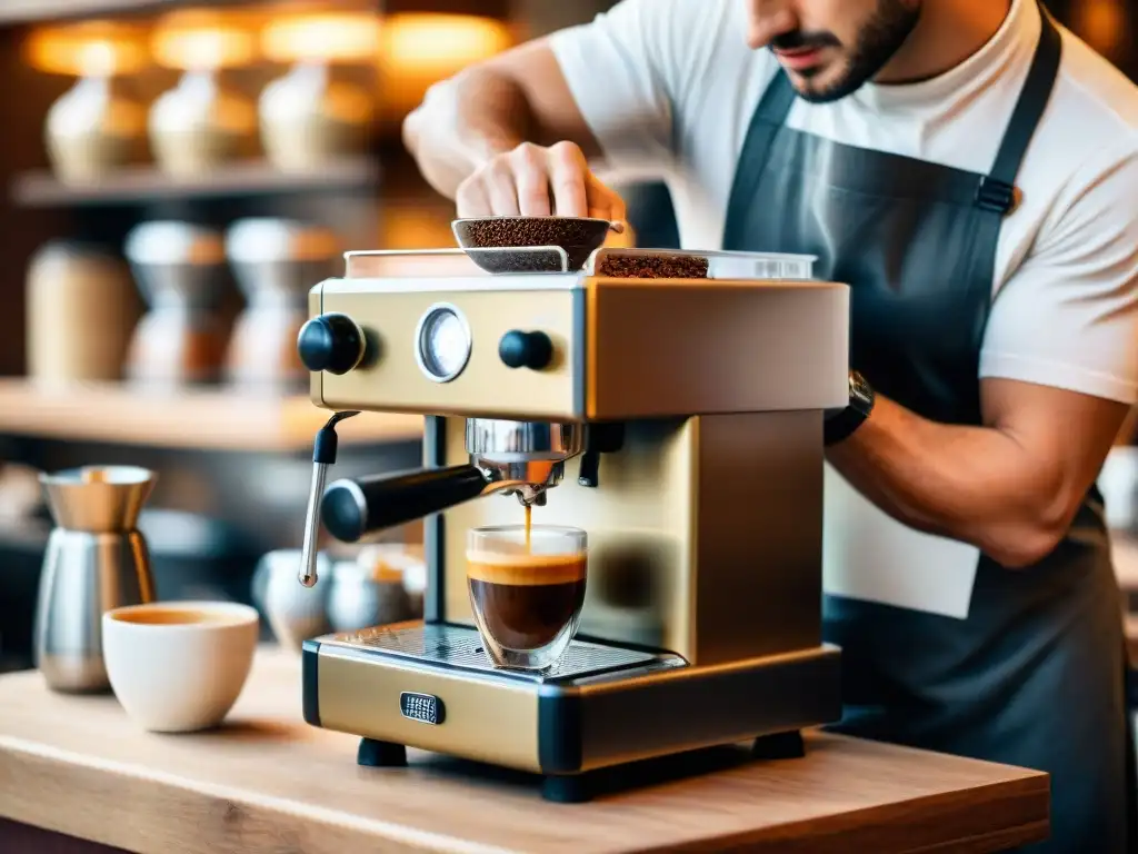 Un barista italiano experto muele café espresso a mano en una cafetería tradicional en Roma