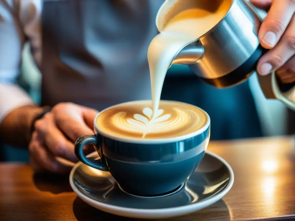 Un barista italiano vierte leche en un cappuccino, mostrando el arte del café sostenible en Italia