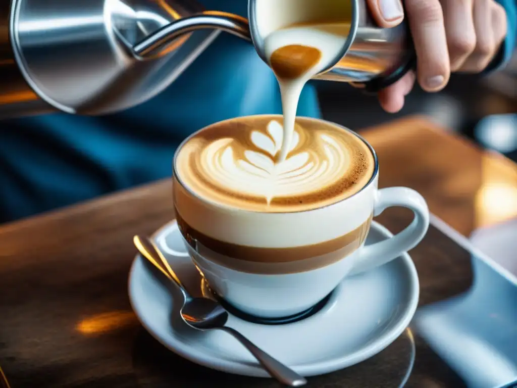 Un barista italiano vierte leche en un cappuccino, destacando la tradición y habilidad de los baristas italianos