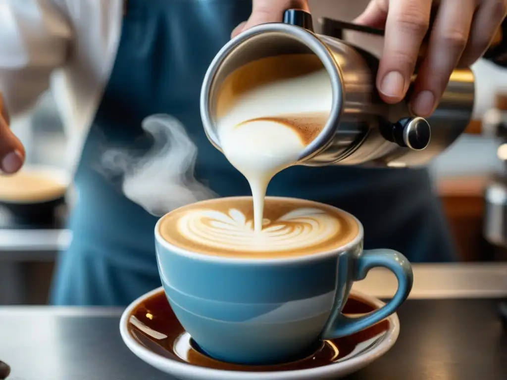 Un barista italiano vierte leche en un espresso, creando un cappuccino