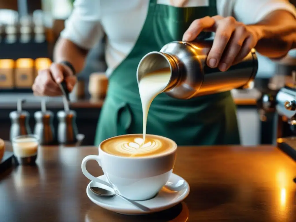 Un barista italiano vierte leche vaporizada en un espresso, creando arte del café sostenible en una taza blanca