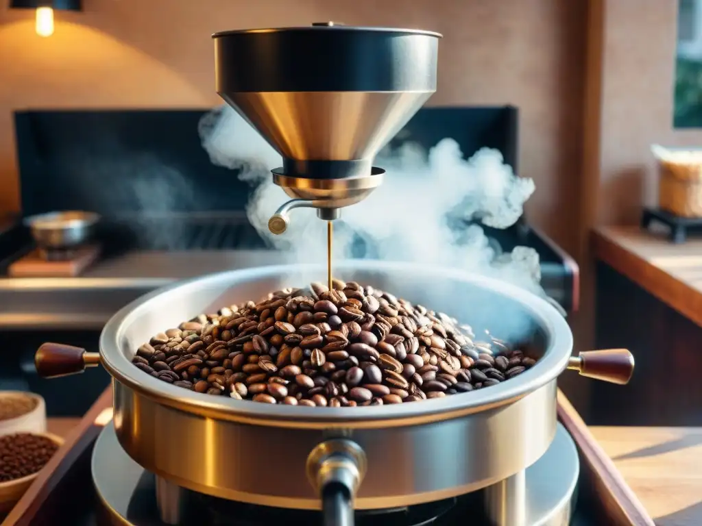 Un barista italiano supervisando la meticulosa tostación de granos de café, en un café tradicional