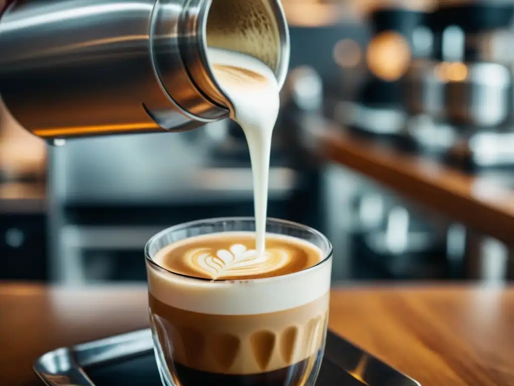 Barista vertiendo leche vaporizada sobre espresso, creando arte latte en forma de corazón