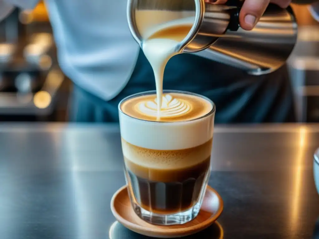 Un barista profesional vierte leche vaporizada en un espresso, creando intrincados diseños