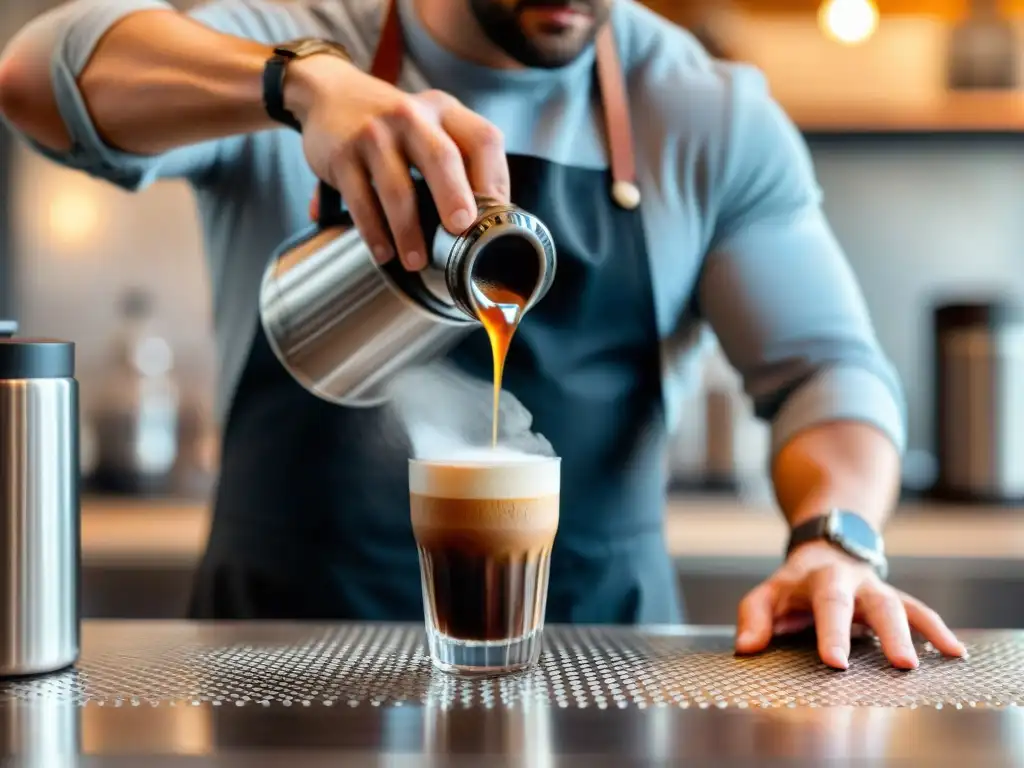 Un barista agita vigorosamente un shaker metálico con espresso, hielo y jarabe, creando un Caffè Shakerato perfecto en una moderna barra de café