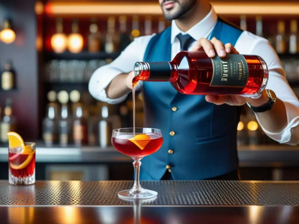 Un barman hábil preparando cócteles italianos clásicos con rapidez y maestría en un elegante bar italiano