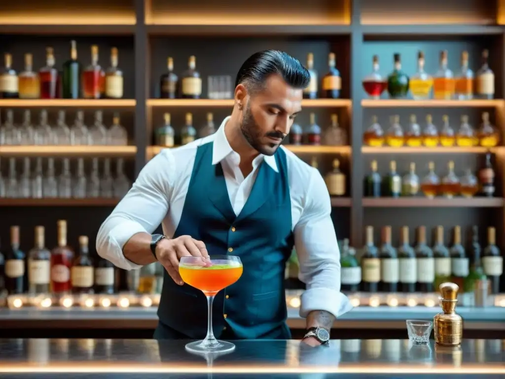 Barman italiano creando cóctel herbario en bar moderno de Roma