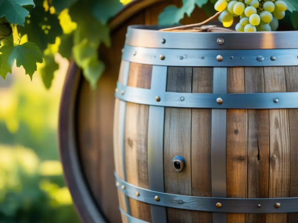 Un barril de fermentación italiano con detalladas tallas en madera y textura envejecida, rodeado de viñedos verdes bajo el cálido sol italiano