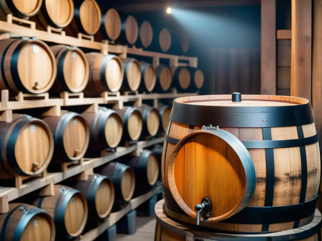 Un barril de madera lleno de vinagre balsámico oscuro en una bodega tradicional, reflejando calidad y artesanía