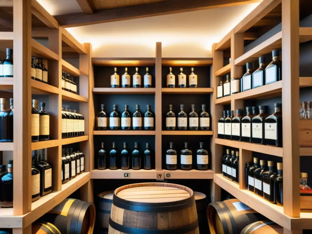Un barril de madera repleto de vinagre balsámico en una bodega italiana, rodeado de botellas de vidrio con etiquetas escritas a mano