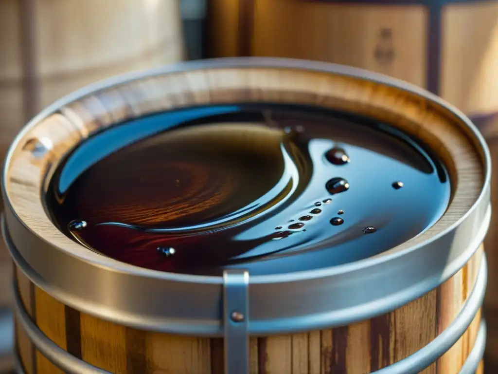 Un barril de madera con vinagre balsámico de Módena, Italia