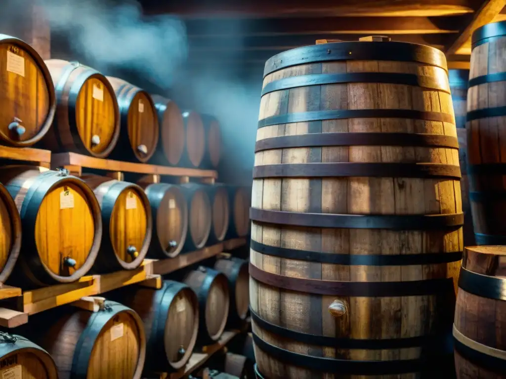 Barriles de madera envejeciendo vinagre balsámico en bodega iluminada, tradición y artesanía