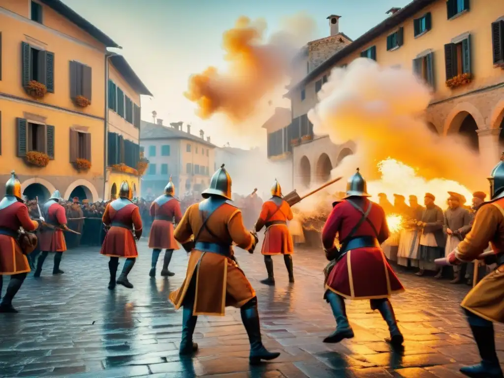 Batalla de la Naranja en Ivrea: Caos colorido de participantes lanzando naranjas en medio de edificios medievales