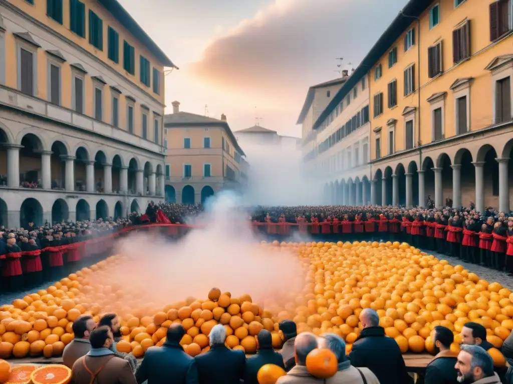 Batalla de la Naranja Ivrea: Escena caótica de la famosa batalla, con cientos de participantes lanzándose naranjas en una plaza histórica de Italia