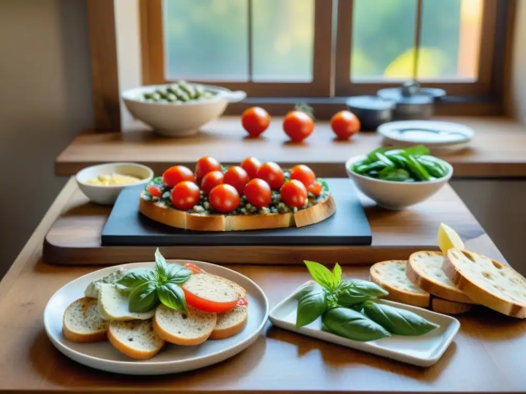 Bella mesa italiana con snacks saludables: bruschetta, vegetales, quesos y galletas integrales