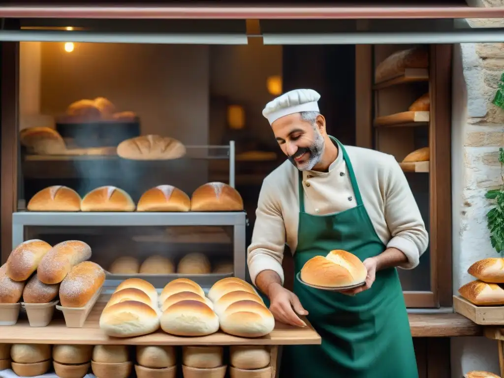 Bella panadería italiana al amanecer con pan recién horneado en cajas de madera