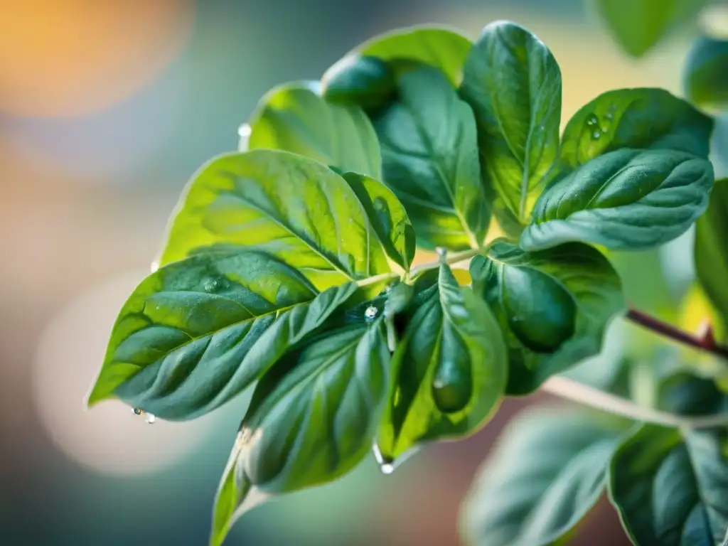 Bellas hojas de albahaca con gotas de agua al sol de la mañana