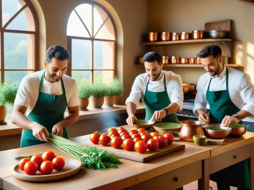 Bellas imágenes de un curso de cocina italiana avanzado en una cocina rústica llena de ingredientes frescos y coloridos