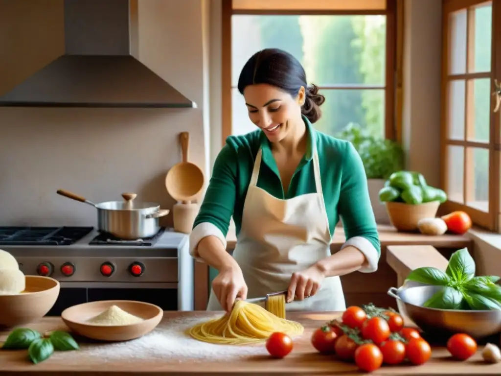 Benedetta Vitali cocinando apasionadamente en una cocina italiana tradicional y contemporánea, rodeada de ingredientes frescos