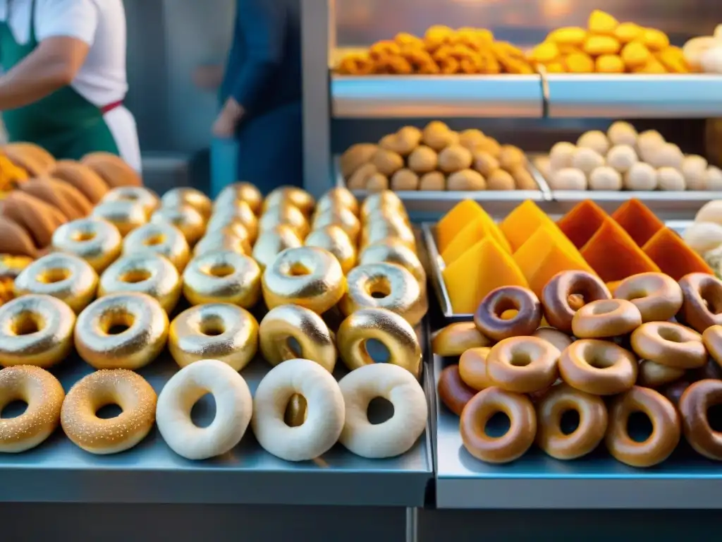 Bocadillos tradicionales sur Italia en animado mercado callejero: taralli, pane y panelle, entre clientes y vendedores