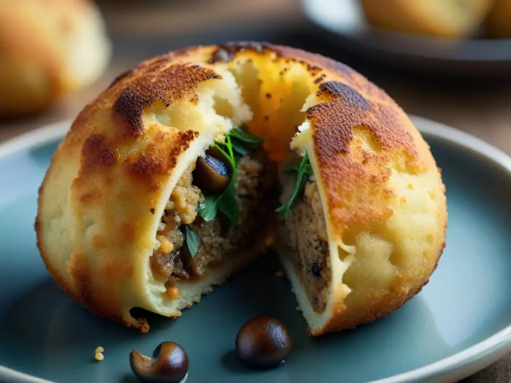 Un bocado tentador: arancini de setas vegetarianos, crujiente y dorado por fuera, relleno de setas aromáticas