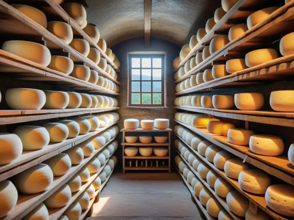 Una bodega envejecida en la campiña italiana con quesos y jamón colgando, muestra la conservación de sabores italianos tradicionales