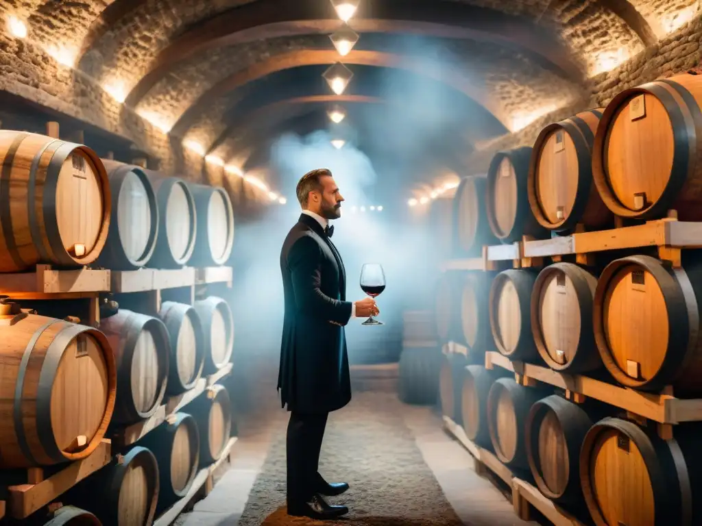 Una bodega exclusiva iluminada con barricas de vino, sommelier y elegantes comensales disfrutando de una cena de renombre